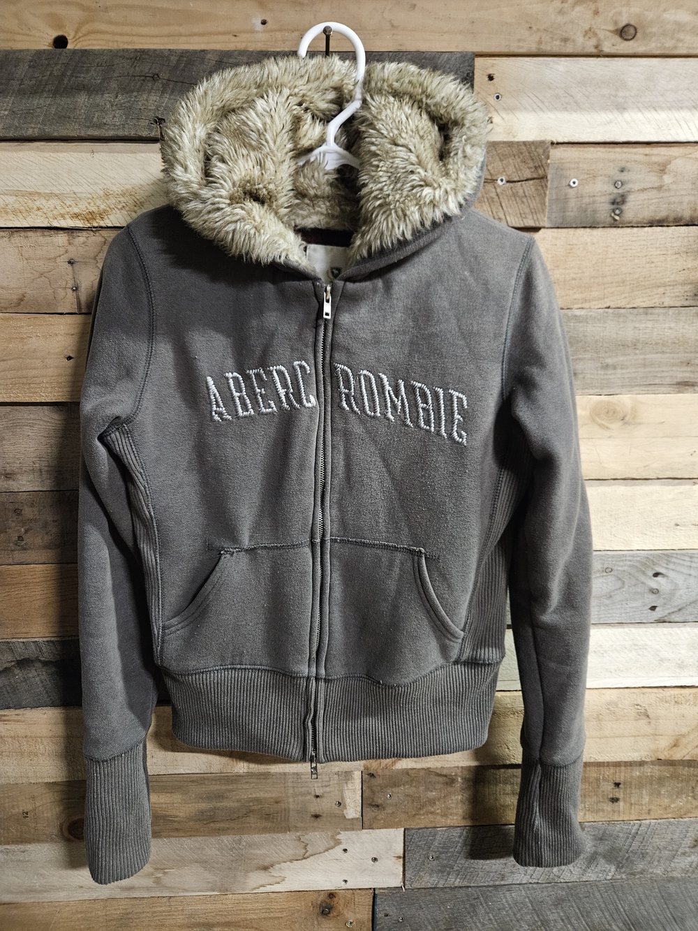 Abercrombie & Fitch Gray Hooded Jacket with Faux Fur Trim
